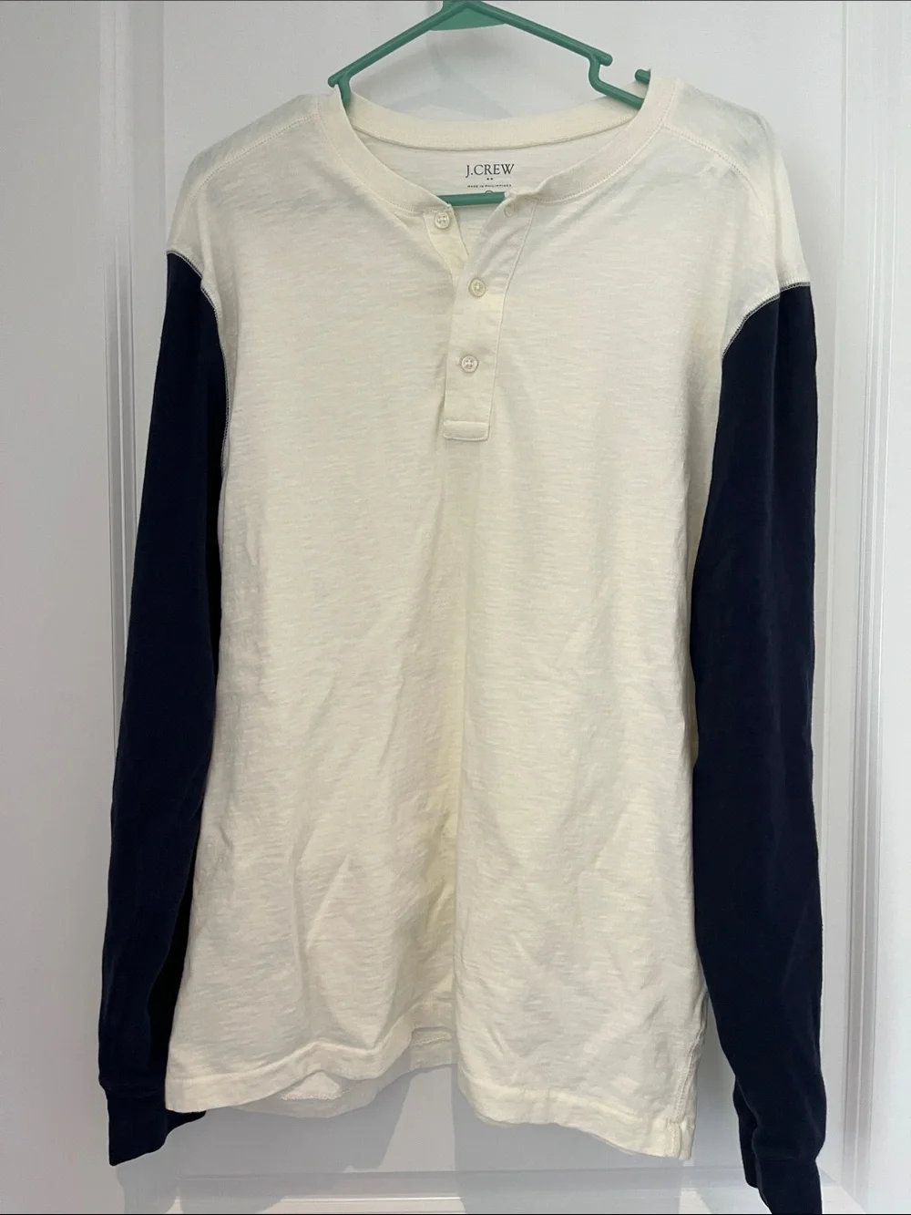 J. Crew Two-Tone Henley Long-Sleeve Shirt in Cream and Navy